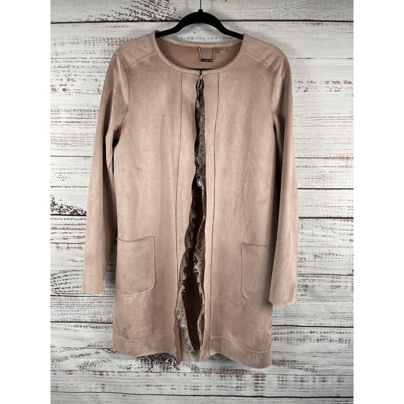 Tahari Jacket Womens Small Pink Faux Leather Lace Trim Open Front Coatigan - Picture 7 of 10